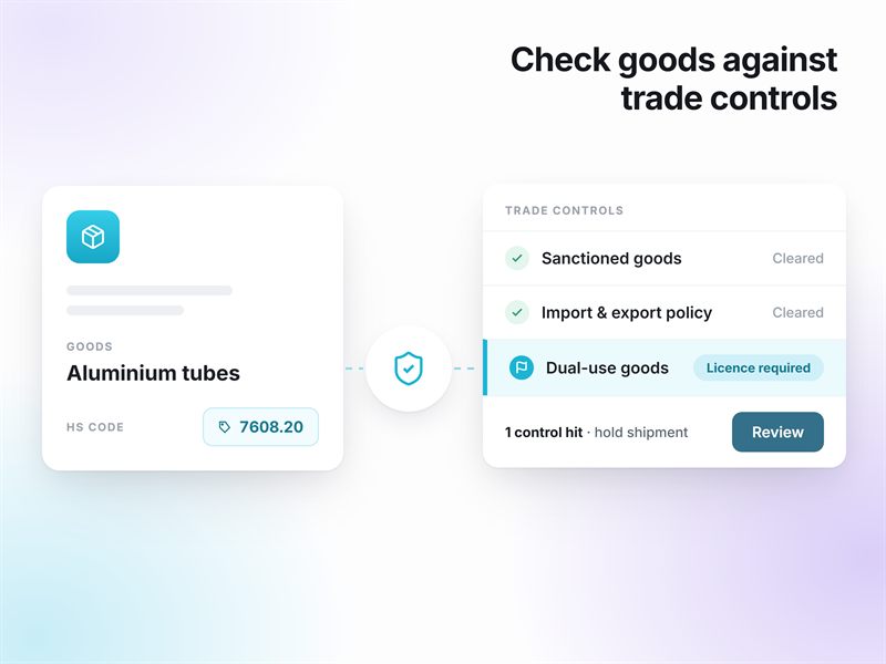 Check goods against trade controls — a shipment of aluminium tubes under HS code 7608.20 screened against sanctioned goods, import and export policy and dual-use controls, returning a licence-required hit