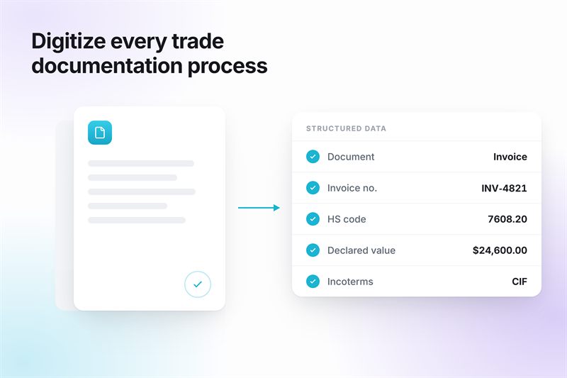 Digitize every trade documentation process — an invoice turned into structured fields: invoice number, HS code, declared value and Incoterms
