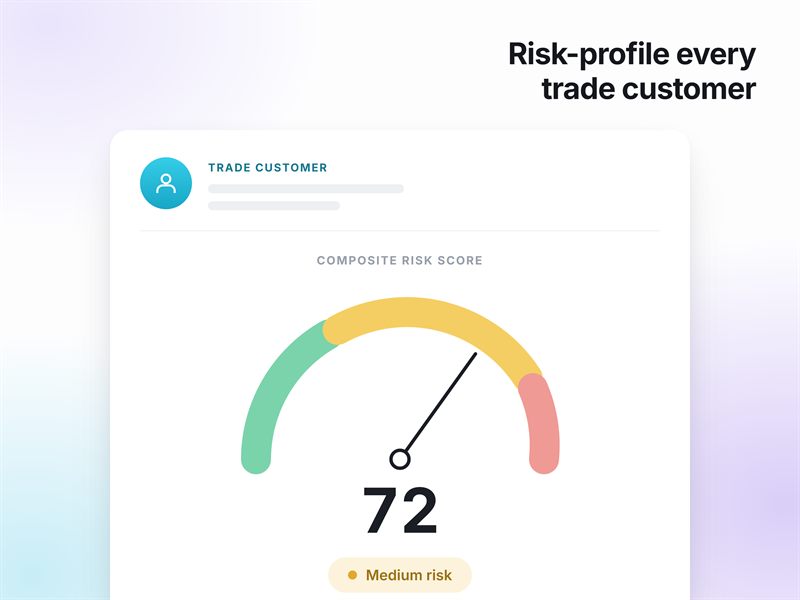 Risk-profile every trade customer — a trade customer scored 72, inside the medium band, on a composite risk gauge, rated medium risk