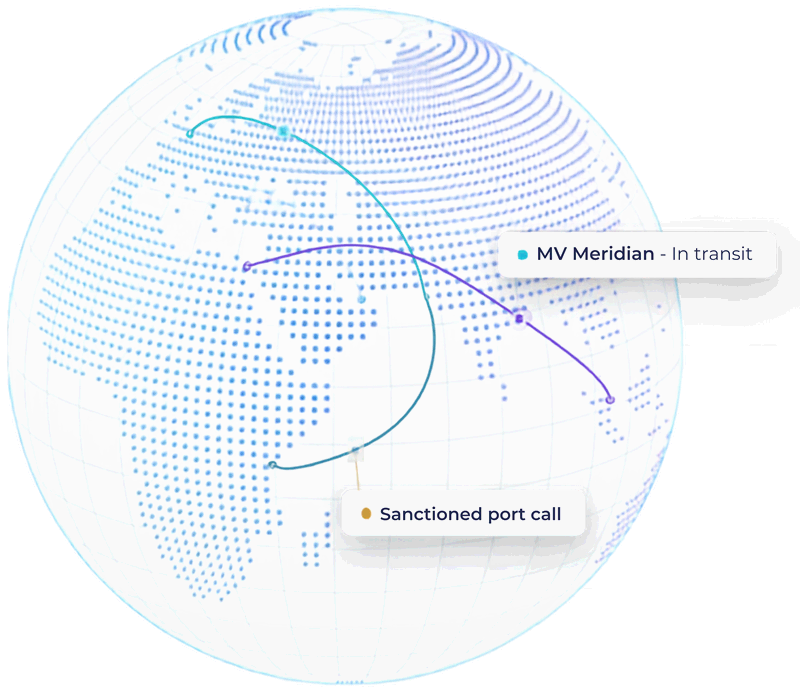 A vessel tracked along its route across a globe, its position marked in transit, with a second leg of the voyage flagged as a call at a sanctioned port