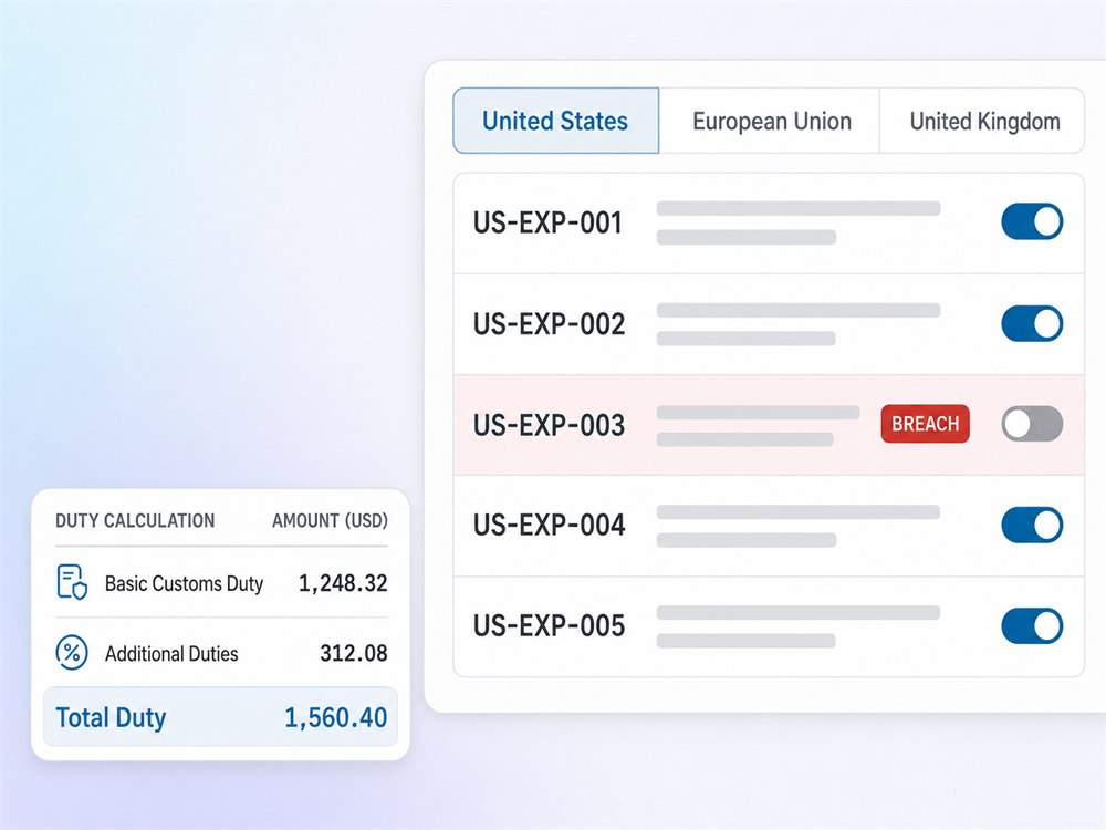 A transaction checked against import and export policy and duty rules