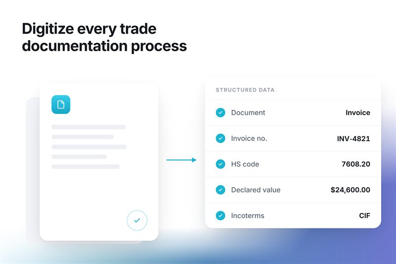 Digitize every trade documentation process — an invoice turned into structured fields: invoice number, HS code, declared value and Incoterms