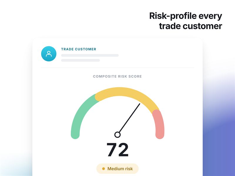 Risk-profile every trade customer — a trade customer scored 72, inside the medium band, on a composite risk gauge, rated medium risk